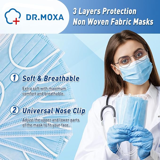 DR.MOXA 500 Pack Disposable Medical Face Masks (5 Boxes, 100pcs/Box) -3 Ply Face Mask for Adults Blue