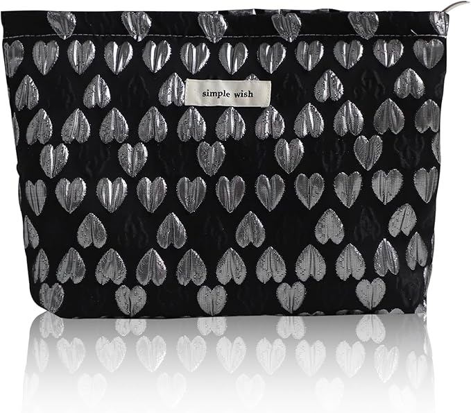 Wudygirl Cute Makeup Bag Cosmetic Bag Travel Cosmetic Pouch for Women Aesthetic Canvas Make up Organizer with Zipper Large Capacity Handbag Pencil Pouch (Black Heart)