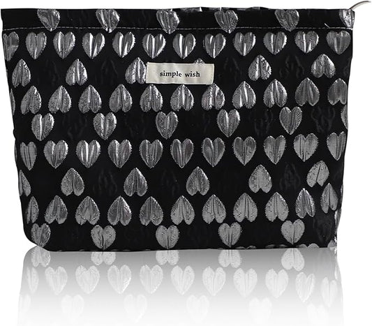Wudygirl Cute Makeup Bag Cosmetic Bag Travel Cosmetic Pouch for Women Aesthetic Canvas Make up Organizer with Zipper Large Capacity Handbag Pencil Pouch (Black Heart)