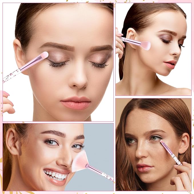 7 Pcs Makeup Brushes for Women, Cute Pink Makeup Brushes Crystal Sparkles Fan Blush Foundation Powder Lip Highlight Eye Shadow Eyebrow Brush Set With Sequins Handle Professional for Girl(Pink)