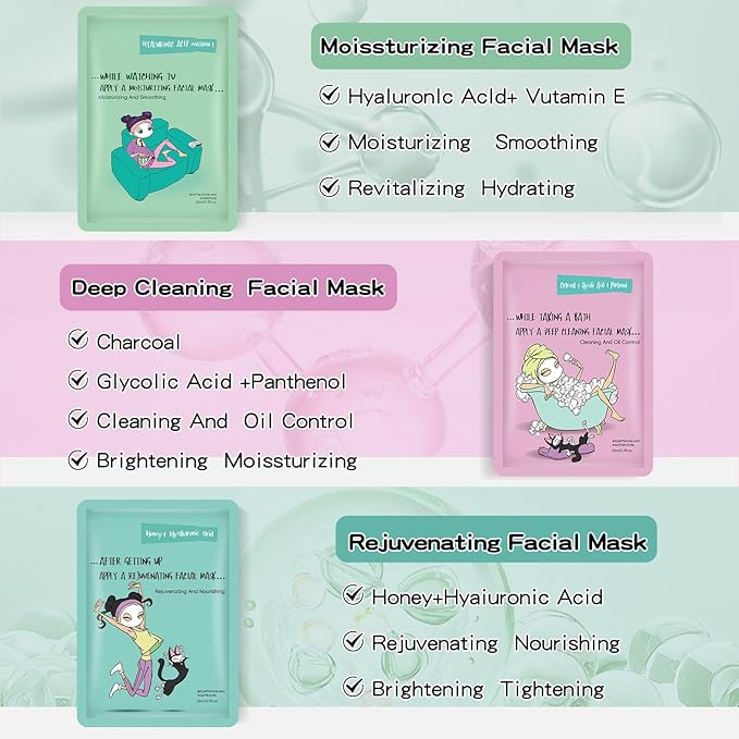 Face Masks Skincare Set for Girl,Moisturizing Collagen Facial Masks for Women Home Spa,Hyaluronic Acid Face Mask for All Skin Types,Day Night Facial Mask Hydrating,Deep Cleaning,Oil Contral(18Pack)