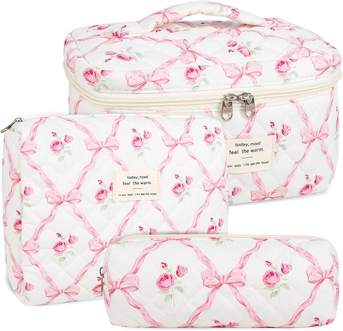 Anfly Makeup Bag, Quilted Cosmetic Bags, Large Floral Make Up Bag, Cute Makeup Bag 3PC Set for Women Girls (Pink Bow)