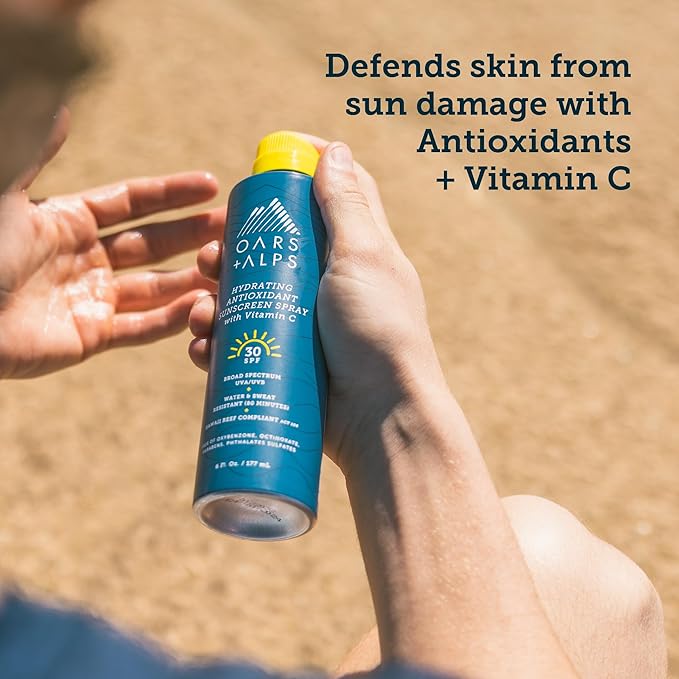 Oars + Alps Sunscreen Spray for Face & Body, SPF 30 Spray Sunscreen Infused with Vitamin C & Antioxidants, No White Residue, Water & Sweat Resistant, All Skin Types, Lightweight, Hydrating, 6oz, 2pk