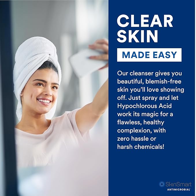 SkinSmart Antimicrobial Facial Cleanser for Breakouts & Blemishes; Hypochlorous Acid Formula Targets Bacteria to Reduce Skin Irritation and Flush Pores Clean, 8 oz Spray, All Ages & All Skin Types