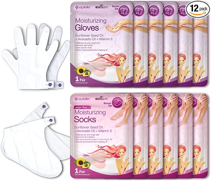 Epielle Moisturizing Hand & Foot Masks 12 Pairs, Soften Dry Hands & Cracked Heels with Sunflower Seed Oil & Avocado Oil, Korean Skin Care, Spa Self Care Gifts for Women, 6 Gloves & 6 Socks