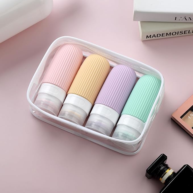 Travel Bottles for Toiletries, Tsa Approved 2oz Travel Bottles, BPA Free Leak Proof Travel Size Toiletry Containers, Refillable Travel Accessories with Toiletry Bag for Shampoo Liquid (4 Pack)