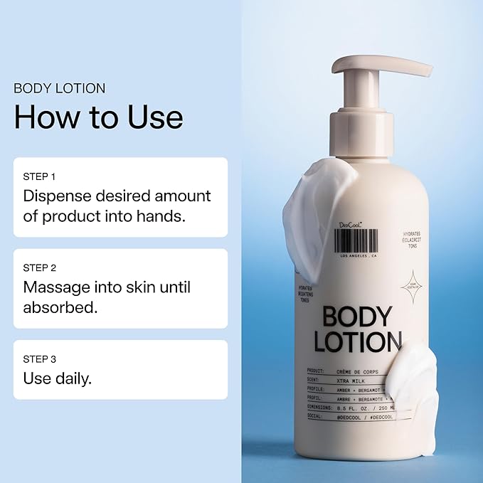 DedCool Body Lotion | Xtra Milk | Deeply Hydrating Lightweight Formula with Ceramides, Snow Mushroom & Meadowfoam Oil | Soft Musk, Bergamot & Amber Scent | Non-Toxic, Vegan Skincare | 8.5 fl oz