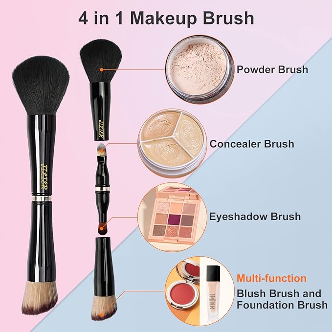 Jilier 4 in 1 Makeup Brush Set with Travel Makeup Brush Holder, Travel Makeup Brushes with Case, Double Sided Makeup Brushes with Silicon Portable Cosmetic Face Brushes Holder