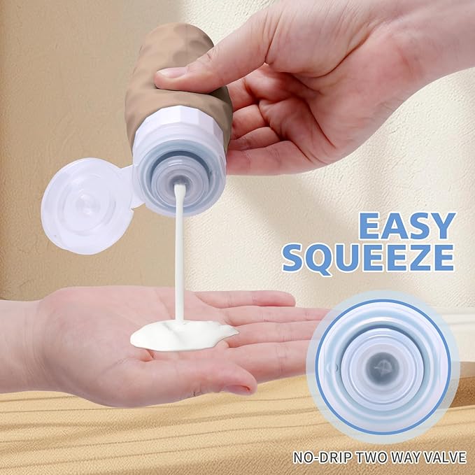 Travel Bottles for Toiletries, 4pcs Tsa Approved 3oz Travel Size Containers, BPA Free Leak Proof Premium Silicone Bottles, Refillable Liquid Squeezable Accessories W/Toiletry Bag(Cream)