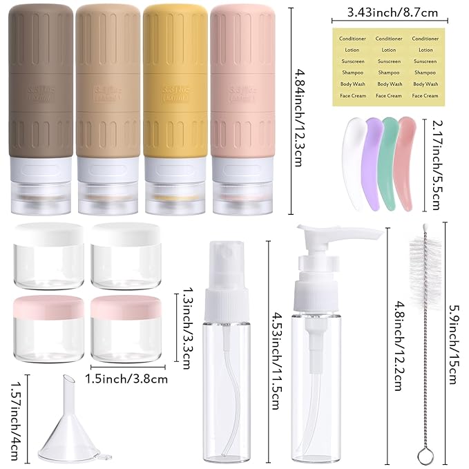 GLAMFIELDS Travel Bottles for Toiletries,TSA Approved 3.3oz Size LeakProof Silicone Toiletry Containers for Shampoo, Conditioner,Easy to Squeeze，Portable Travel Essentials for Lotion(18 Pack) Apricot