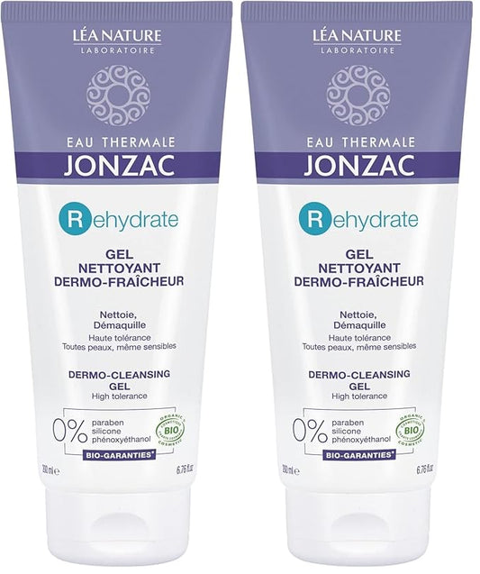 Eau Thermale Jonzac Rehydrate Organic Dermo Cleansing Gel - Gentle Daily Facial Cleanser - Sensitive Skin Approved - Leaves Skin Feeling Smooth & Hydrated - 6.75 Fl oz (Pack of 2)