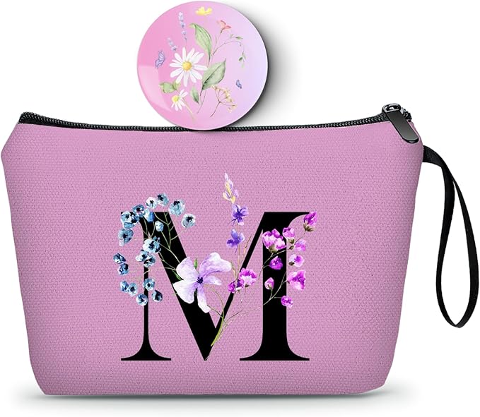 Women Birthday Maid of Honor Monogrammed Gifts for Bride Bridesmaid Sister Friend Her Teacher Makeup Cosmetic Bag with Mirror Mothers Day Christmas Graduation M