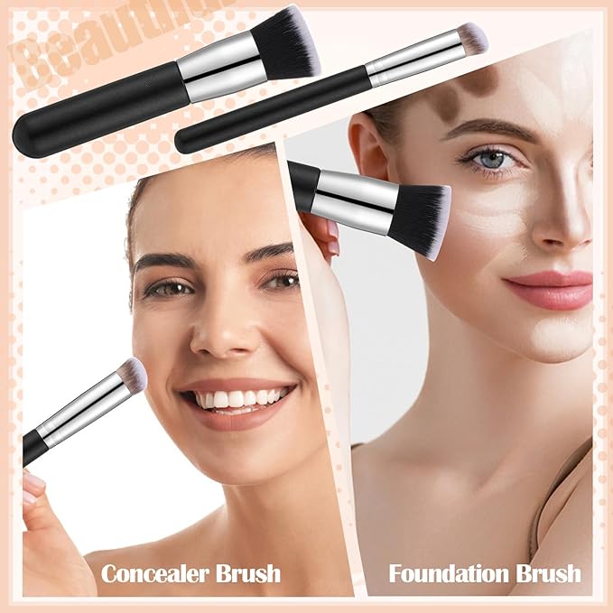 6Pcs Foundation Brush for Liquid Makeup,Liquid Foundation Brush with Makeup Sponge and Powder Puff for Foundation, Powder, Blush, and Concealer(Black)