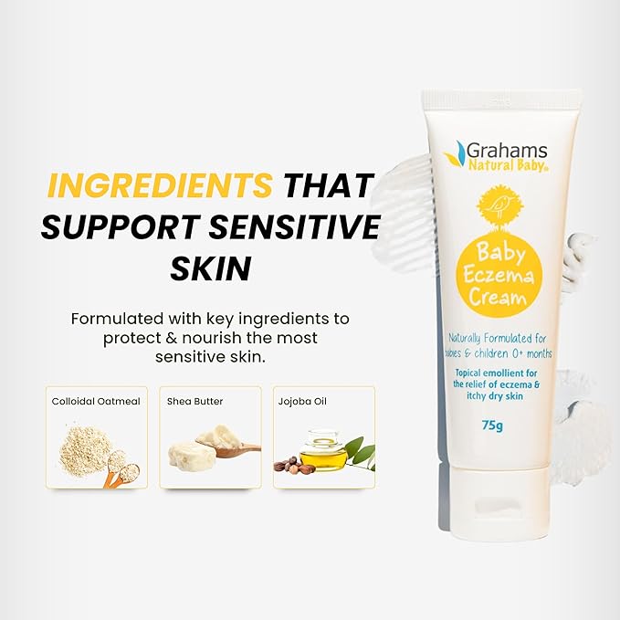 Grahams Natural Baby Eczema Cream Moisturizer for Newborn-12 Years | Rash, Redness, Dry Skin & Itch Relief | Colloidal Oatmeal & Shea Butter | Steroid-Free, Fragrance-Free for Sensitive Skin (75g)