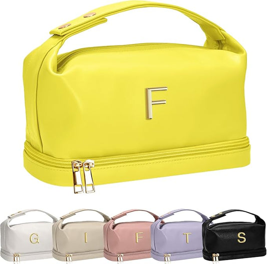 Gifts for Women, Personalized Makeup Bag Organizer with Handle, Initial Double Layer Cosmetic Bag with Makeup Brush Organizer, Cute Cosmetic Pouch for Women, Gifts for College Girls