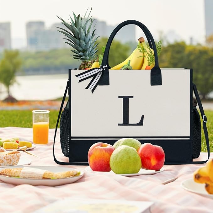 TOPDesign Personalized Initial Canvas Tote Bag, for Wedding, Birthday, Beach, Perfect Gifts for Women, Mom, Teachers, Friends