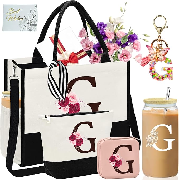 Birthday Gifts for Women,Initial Canvas Tote Bag,Monogrammed Gift for Women,16oz Initial Glass Cup,Makeup Bag with Zipper,Jewelry Organizer Box,Personalized Gifts for Mom-G