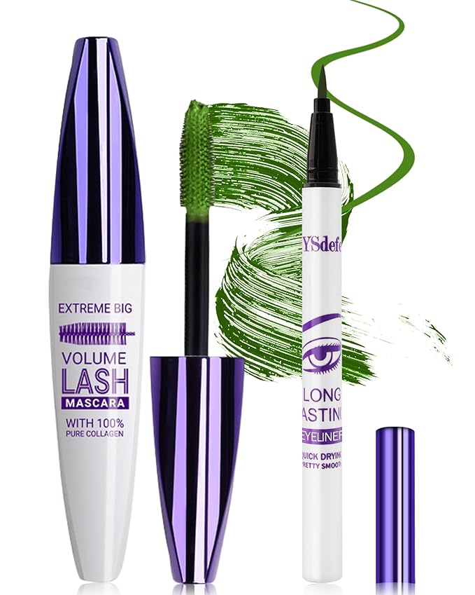 Green Mascara Liquid Eyeliner Set, Update Longlasting Waterproof Color Eye Liner Pen, 5D Silk Fiber Colored Mascara Volume and Length, Christmas Party Stage Use Eye Makeup Gift Kit for Women Girl-06