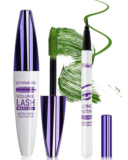 Green Mascara Liquid Eyeliner Set, Update Longlasting Waterproof Color Eye Liner Pen, 5D Silk Fiber Colored Mascara Volume and Length, Christmas Party Stage Use Eye Makeup Gift Kit for Women Girl-06