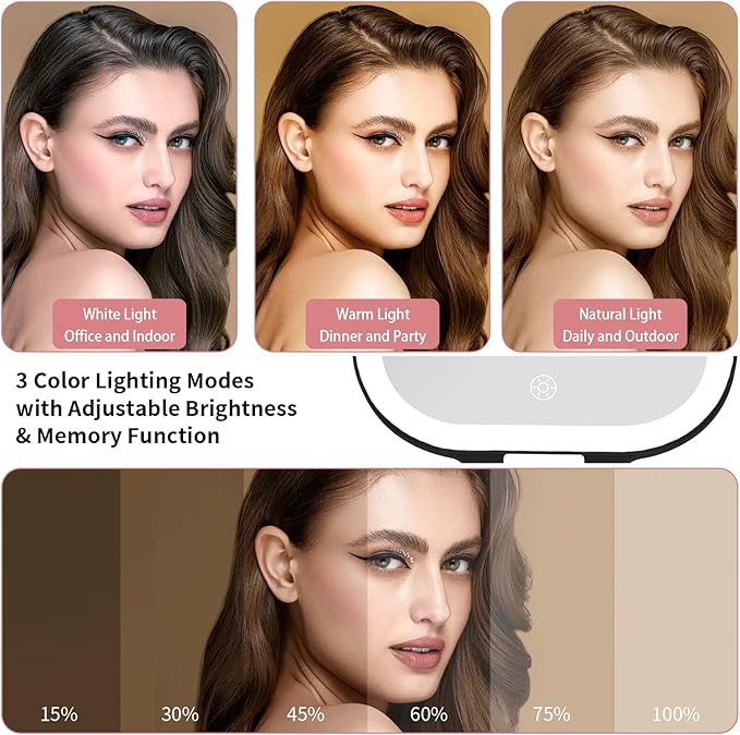 DESCHEN Rechargeable Travel Makeup Vanity Mirror with Lights and Magnification, Portable 1X/10X Magnifying Mirror with 3 Color Light, Lighted Makeup Mirror with Magnification (Black)