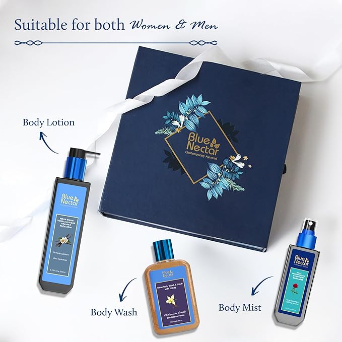 Premium Ayurvedic Beauty Gift Set for Women & Men | Blue Nectar Vanilla Lotion, Body Wash & Scrub & Body Mist with Herbal Ingredients | Ideal Gift for Mom,Dad, Girlfriend & Coworkers