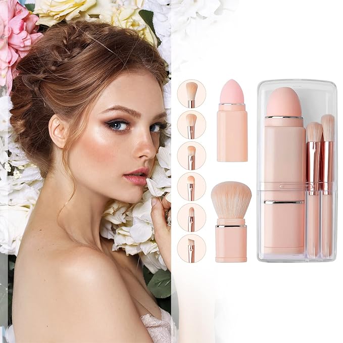 Vtrem Portable Retractable Makeup Brushes Set - 8 in 1 Travel Powder, Angled, Lip, Eyeshadow, Foundation Blending, Beauty Sponge All in One Make Up Brush Set