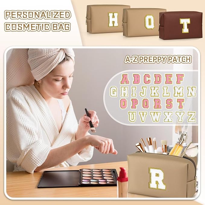 TOPEAST Personalized Makeup Bag, Chenille Letter Pouch Cosmetic Bag w Zipper, PU Leather Waterproof Toiletry Bag, Bridal Shower Gifts for Bridesmaids, Cute Stuff for Girls (Khaki P)