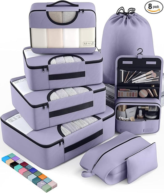 Veken 8 Set Packing Cubes for Travel Essentials, Suitcase Organizer Bags in 4 Sizes, Carry-On Luggage Accessories with Large Laundry & Hanging Toiletry Bag, Must-Have for Airplane, Road Trip & Camping