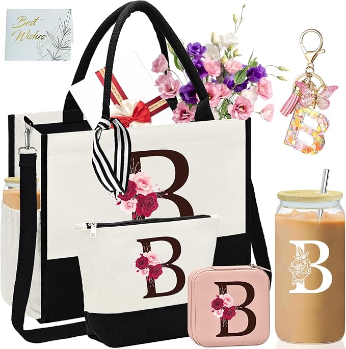 Birthday Gifts for Women,Initial Canvas Tote Bag,Monogrammed Gift for Women,16oz Initial Glass Cup,Makeup Bag with Zipper,Jewelry Organizer Box,Personalized Gifts for Mom-B