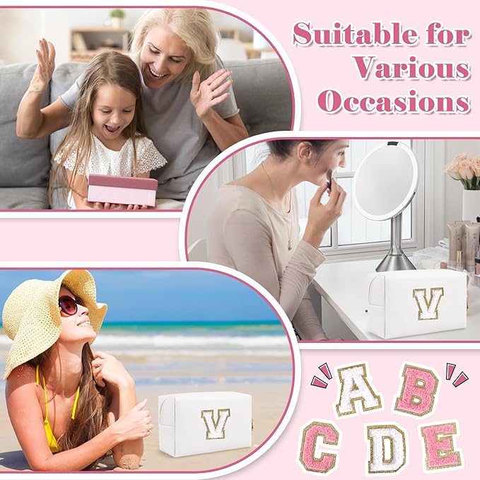 Small Personalized Initial A-Z Preppy Patch Makeup Bag,White PU Chenille Letter Travel Cosmetic Pouch with Zipper,Cute Toiletry Bag,Gift Ideal for Teen Girls Women Teacher Bridesmaid,Letter V