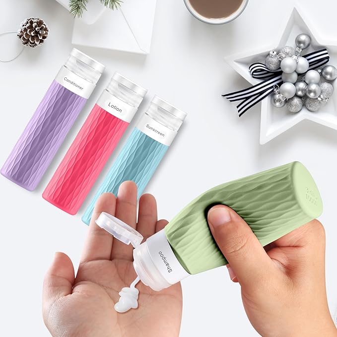 Travel Bottles for Toiletries, TSA Approved 3.4oz Travel Size Containers, BPA Free Leak Proof Silicone Traveling Bottles, Refillable Travel Essentials Kits for Shampoo Conditioner(4 Pack)-C