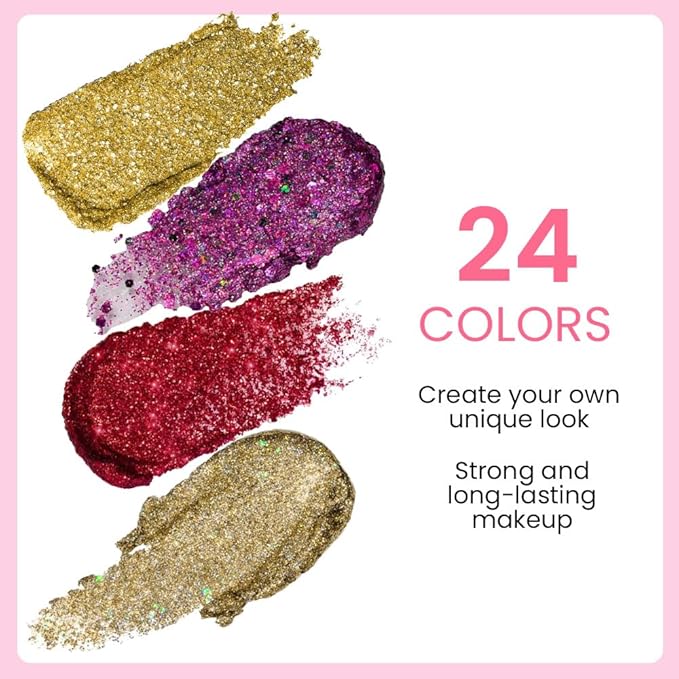 evpct 24 Colors Glitter Eyeshadows Palette Makeup for Women, Black White Pink Green Blue Rainbow Sparkle Neon Metallic Shimmer Shiny Eyeshadow Palette, Body Pressed Eye Shadow Glitter Palettes Makeup