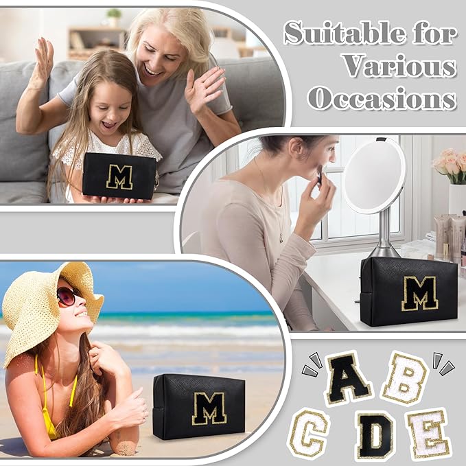 Personalized Initial A-Z Preppy Patch Makeup Bag,Small PU Chenille Letter Cosmetic Bag with Zipper for Teen Girls,Black Cute Toiletry Organizer Bag,Monogram Makeup Case Gift for Women Girls,Letter M