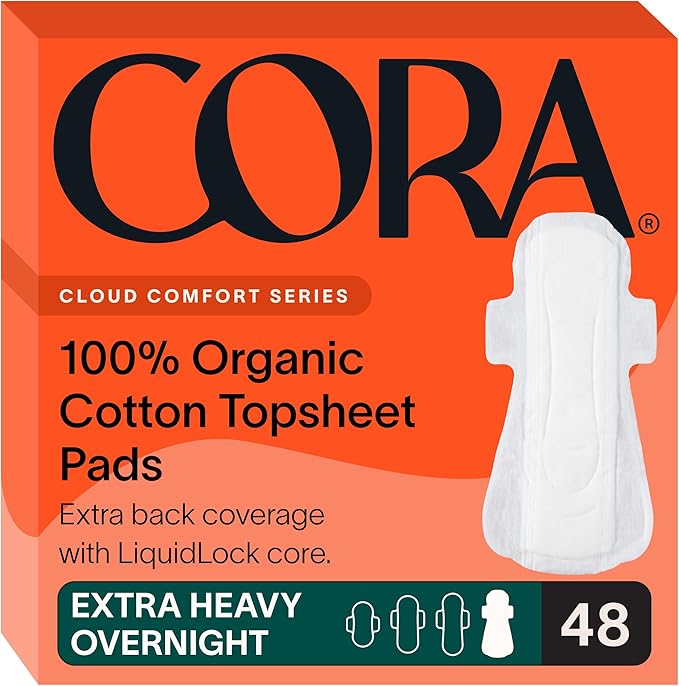 Cora 100% Organic Cotton Topsheet Pad | Ultra Thin Period Pads with Wings | Extra Heavy Overnight Absorbency | Unscented Ultra-Absorbent Sanitary Pads for Women (48 Count)