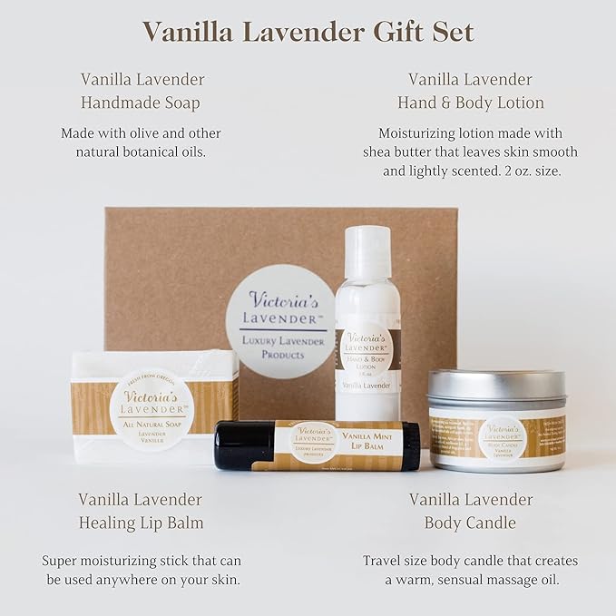 Victoria's Lavender Natural Body Products Gift Set - Handmade Soap, Lotion, Lip Balm, Body Candle Skin Care Sets & Kits, Made in the USA Lavender Bath Products for Women, Vanilla Lavender