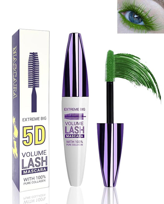 5D Green Mascara for Eyelashes-1Pcs Longlasting Waterproof Smudgeproof Colored Mascara Volume and Length,Curling Eye Lash rimel de pestañas,Christmas Makeup Gift for Women Girl