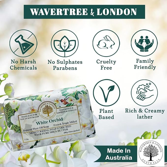 Wavertree & London White Orchid Scented Natural Soap (2 Bars), 7oz Moisturizing French Triple Milled Soap Bars enriched with shea butter - Pure Plant Based Bath & Body Bars for All Skin Types