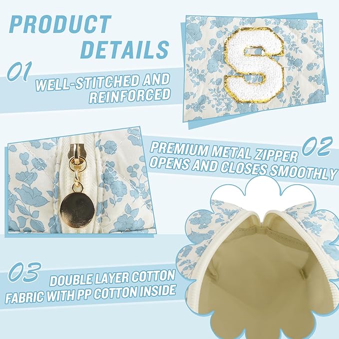 Personalized Quilted Cosmetic Bag, Puffy Monogrammed Christmas Birthday Gifts for Women & Girls, Cute initial Floral Makeup Bag Puffer Coquette Bag, Aesthetic Travel Toiletry Zipper Pouch(Blue,S)