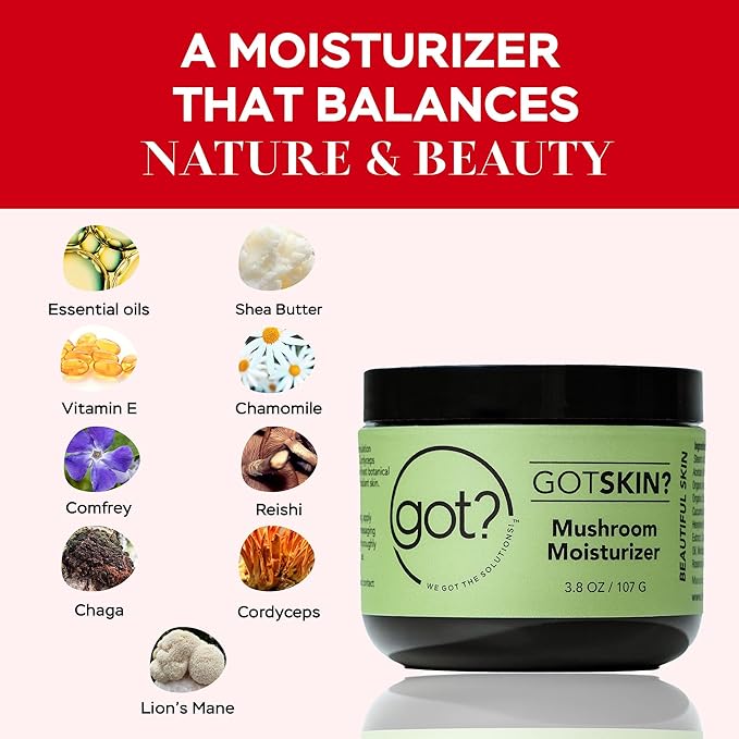 Got? Mushroom Moisturizer - Lightweight Hydrating Cream Infused with Reishi, Chaga, Cordyceps and Lion’s Mane Mushroom Extracts, Shea Butter, Vitamin E, and Essential Oils - 3.8 oz