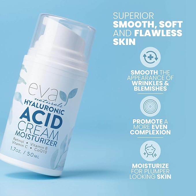 Eva Naturals Hyaluronic Acid Face Cream – Deep Hydration & Firming Moisturizer with Retinol, Vitamin C & Q10 for Anti-Aging, Wrinkle Reduction & Collagen Support – Day & Night Facial Cream - 1.7 Fl Oz