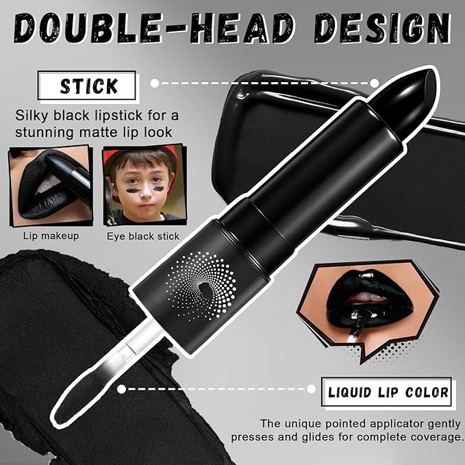 CAHIUYOA Black Matte Lipstick Lip Liner Set,Double Head Liquid Lipstick Lip Gloss Long Lasting Smudge Proof Black Lip Liner and Lipstick Set for Halloween Goth Cosplay Makeup