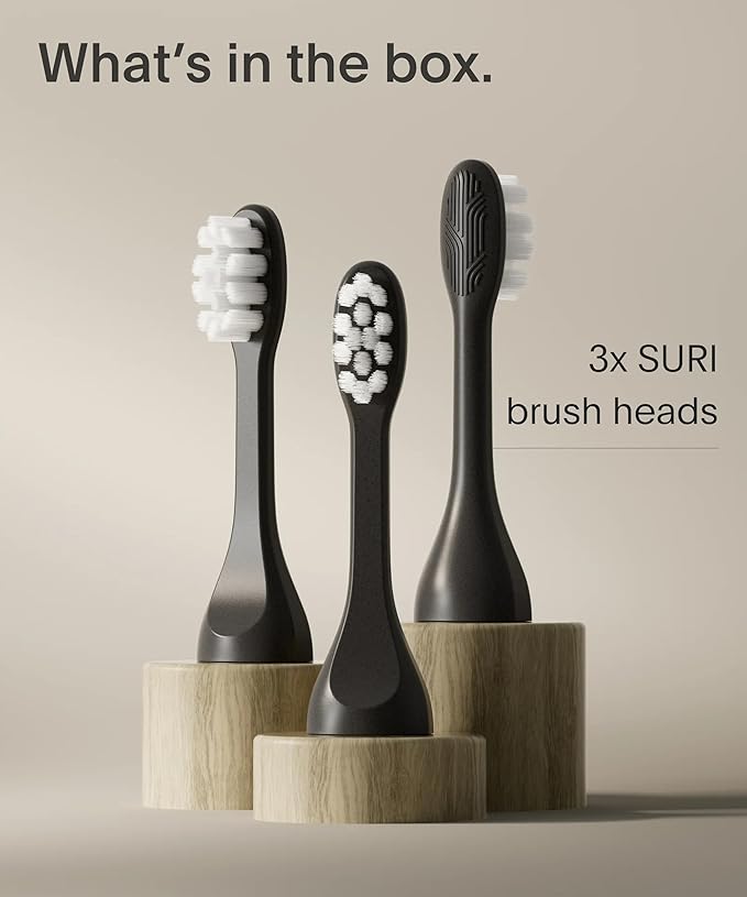 SURI Recyclable Plant-Based, Electric Toothbrush Heads - Built-in Tongue Scraper, Long Lasting Replacement Heads | Compatible Only Sonic Electric Toothbrush - Midnight Black, Pack of 3
