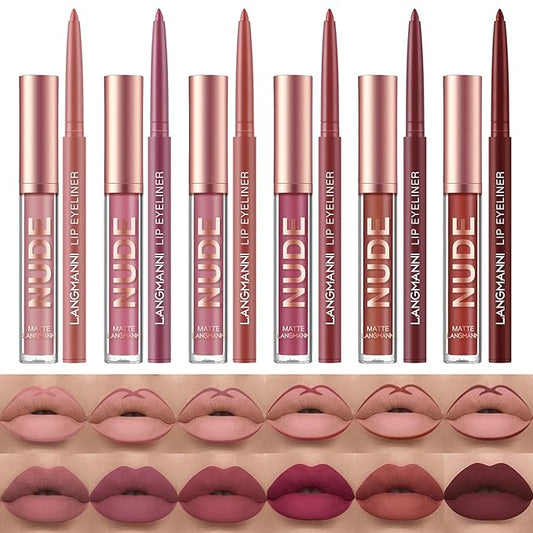 URQT 12pcs Lip Liner and Lipstick Set, 6 Velvety Matte Liquid Lipsticks + 6 Matching Smooth Lip Liner One Step Lips Long Lasting Waterproof Makeup Kits Gift Set