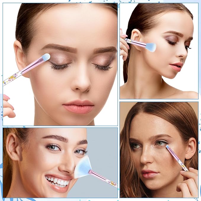 7 Pcs Makeup Brushes for Women, Cute Pink Makeup Brushes Crystal Sparkles Fan Blush Foundation Powder Lip Highlight Eye Shadow Eyebrow Brush Set With Sequins Handle Professional for Girl(Blue)