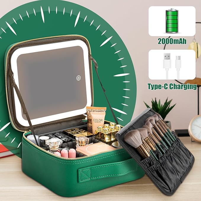 Makeup Travel Train Case with Mirror LED Light 3 Adjustable Brightness Large Cosmetic Bag Portable Storage Adjustable Partition Waterproof Makeup Brushes Make up Jewelry Gift for Women