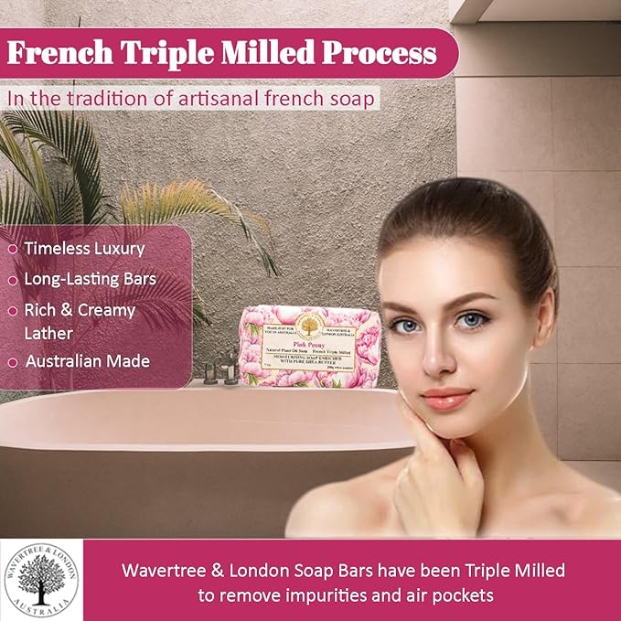 Wavertree & London Pink Peony Scented Natural Soap (2 Bars), 7oz Moisturizing French Triple Milled Soap Bars enriched with shea butter - Pure Plant Based Bath & Body Bars for All Skin Types