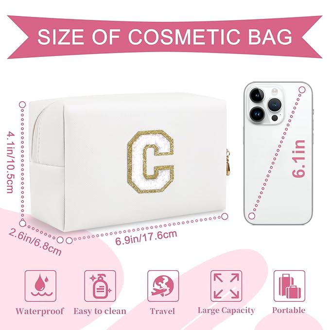 Small Personalized Initial A-Z Preppy Patch Makeup Bag,White PU Chenille Letter Travel Cosmetic Pouch with Zipper,Cute Toiletry Bag,Gift Ideal for Teen Girls Women Teacher Bridesmaid,Letter C