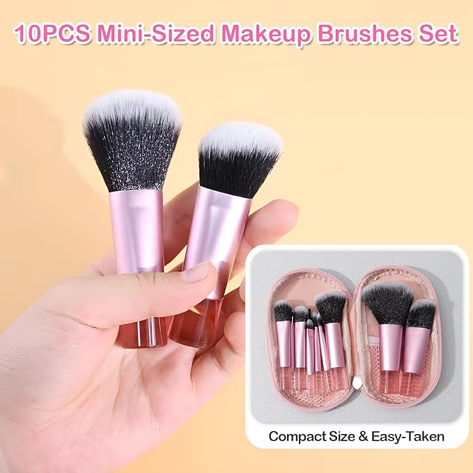 Kingtree 10PCS Mini Makeup Brushes with Pouch, Portable Makeup Brush Travel Set, Easy-taken ON THE GO Makeup Brush Full Complete Function Cosmetic Brushes for Girls