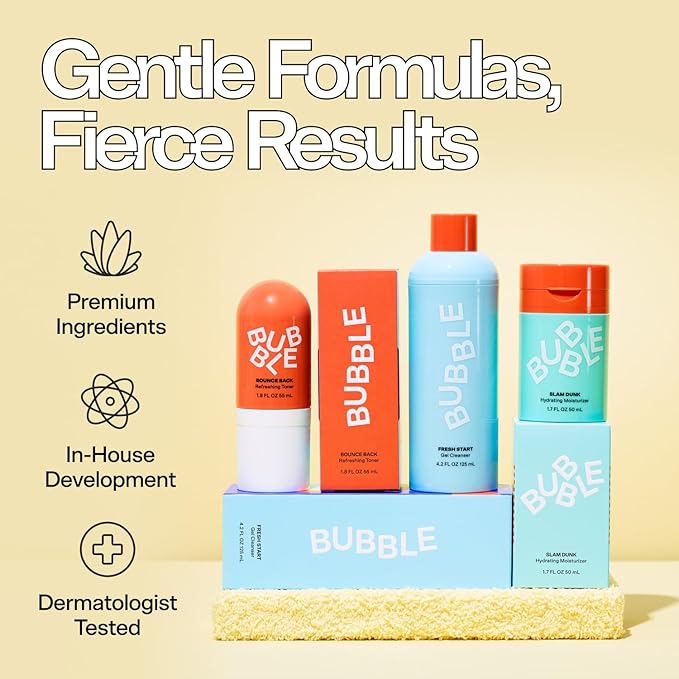 Bubble Skincare Silky Season 3-Step Hydrating Skin Care Set - Travel Size Skincare for Dry Skin - Soft Launch Cream Cleanser, Bounce Back Hydrating Toner Spray & Slam Dunk Moisturizer (3 Count)
