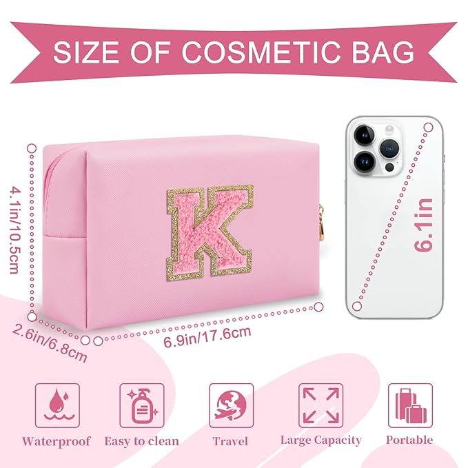 Personalized Initial A-Z Preppy Patch Makeup Bag,Small PU Leather Chenille Letter Cosmetic Bag with Zipper for Teen Girls,Pink Cute Travel Toiletry Bag,Birthday Monogrammed Gift for Daughter,Letter K